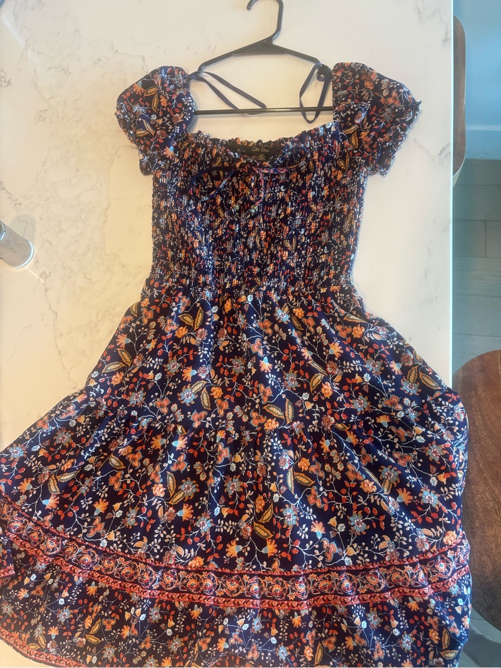 Girls Navy Floral Smocked Sundress